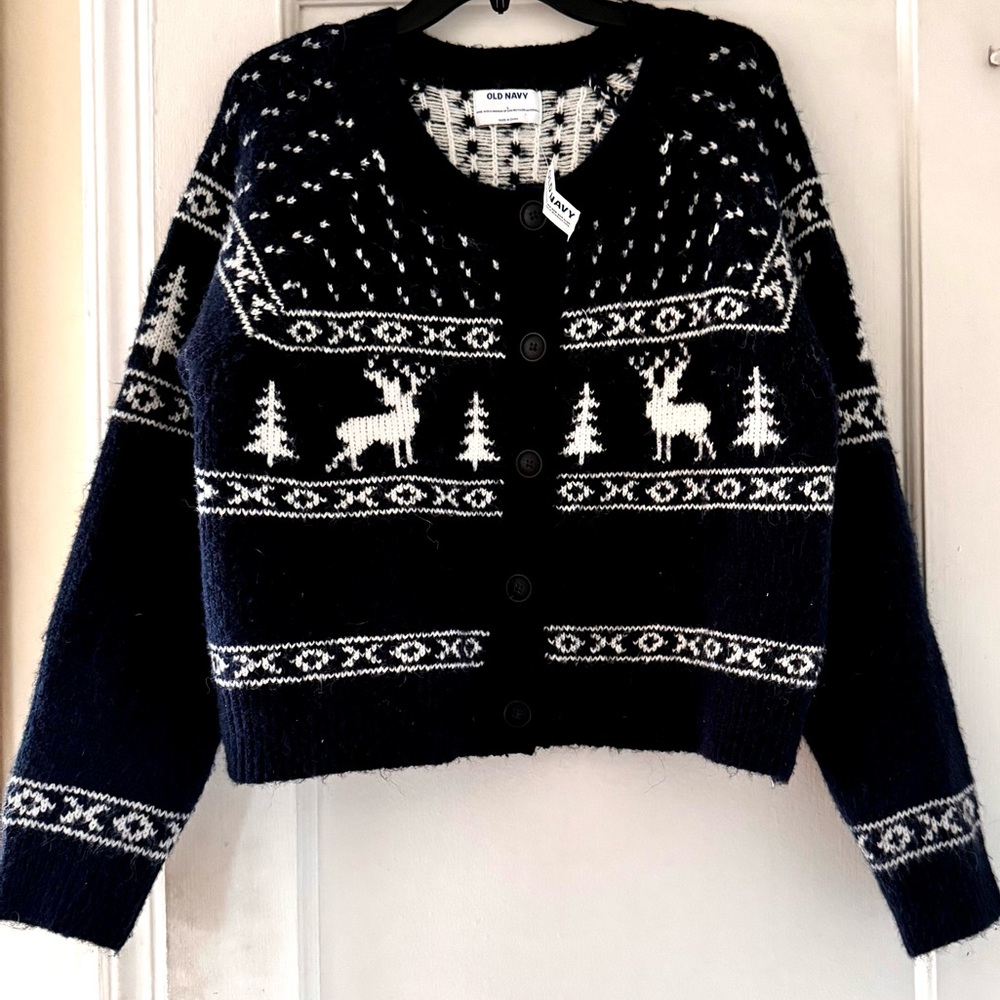 Old Navy Navy and White Reindeer Sweater Holidays Christmas Winter Cozy Festive